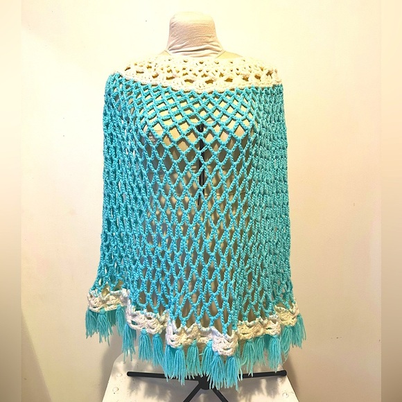 Vintage 50s 60s Blue White Knit Crochet Poncho Sweater S M L XL - Picture 3 of 6
